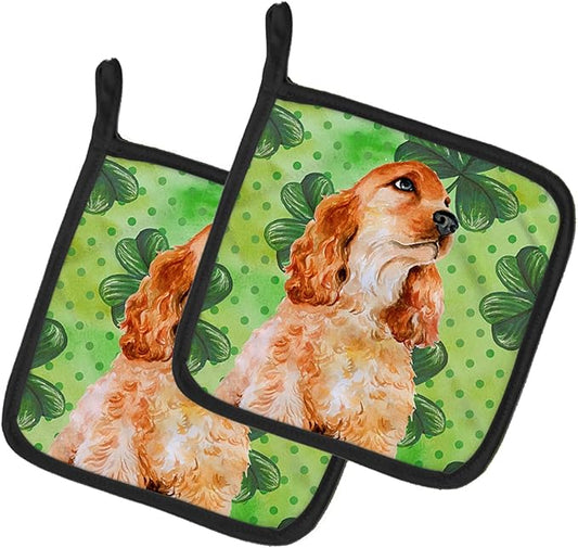 Caroline's Treasures BB9880PTHD Cocker Spaniel St Patrick's Pair of Pot Holders, Green Kitchen Heat Resistant Pot Holders Sets Oven Hot Pads for Cooking Baking BBQ, 7 1/2 x 7 1/2