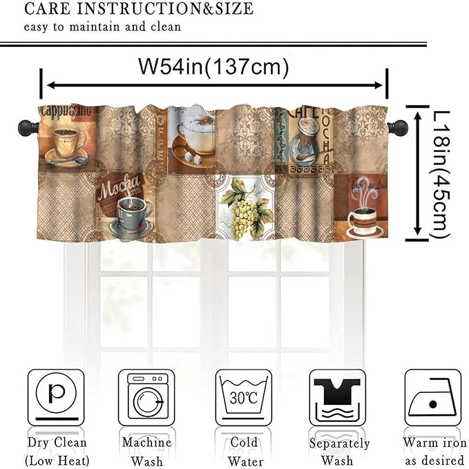 Retro Coffee Valance Curtain, Vintage Cappuccino Mocha Drinks Collage Short Window Drape for Cafe Kitchen Bedroom Dining Living Room Home Decoration, 54x18Inch