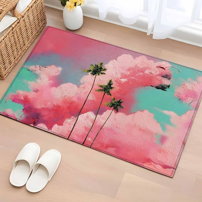 Area Rug 2x3ft, Summer Dreamy Pink Cloud Washable Rugs for Living Room Bedroom, Watercolor Tropical Palm Tree Soft Non-Slip Area Rugs Rectangle Floor Carpet for Dining Room