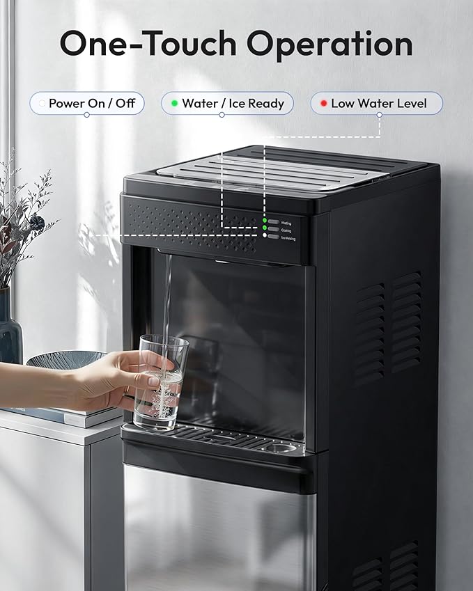 Euhomy 4-in-1 Water Dispenser with Ice Maker, Bottom-Loading Water Cooler Hot and Cold, Fits 3 & 5 Gallons, 33 lbs per Day Ice Production, Childproof Lock, for Home Office Kitchen, Black