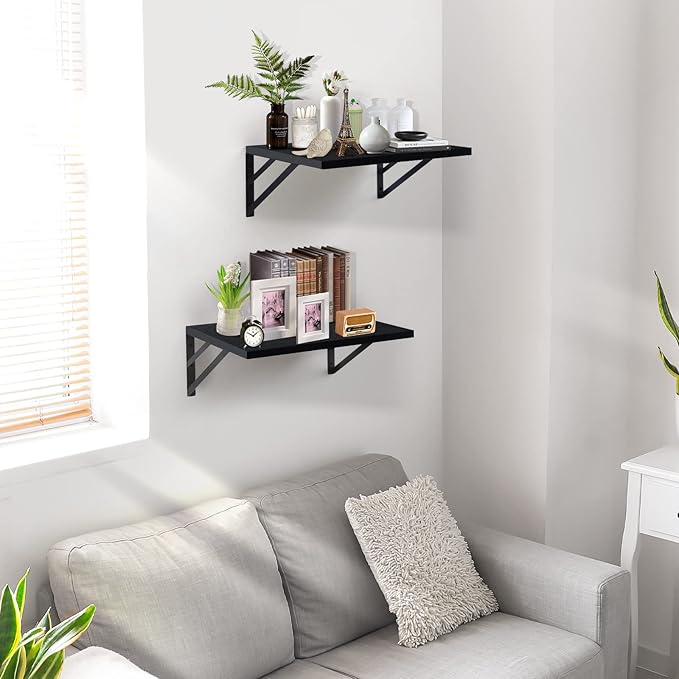 Tectocker-DOU 2 Pc Deep Floating Shelves ; 12 Inch Deep Wall Mounted Hanging Shelves for Living Room, Kitchen, Office, Bathroom and Bedroom Decor; Storage and Display Shelf Set (Black)