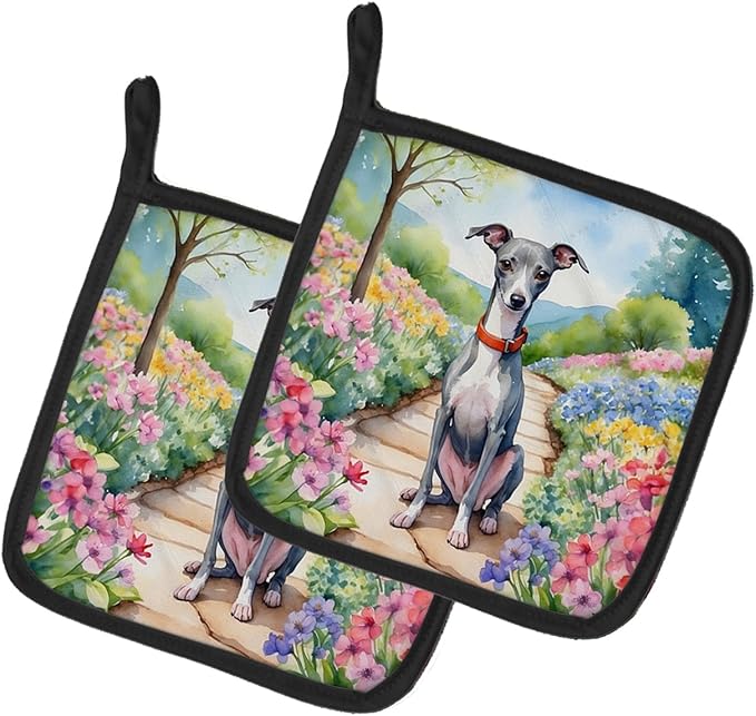 Caroline's Treasures Italian Greyhound Spring Path Pair of Pot Holders Kitchen Heat Resistant Pot Holders Sets Oven Hot Pads for Cooking Baking BBQ, 7 1/2 x 7 1/2