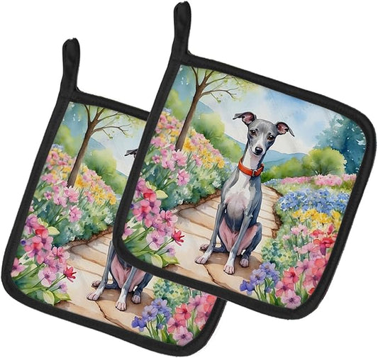 Caroline's Treasures Italian Greyhound Spring Path Pair of Pot Holders Kitchen Heat Resistant Pot Holders Sets Oven Hot Pads for Cooking Baking BBQ, 7 1/2 x 7 1/2
