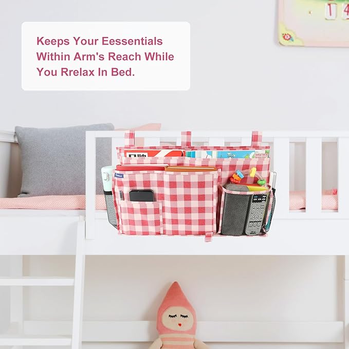 Surblue Bedside Caddy Hanging Bed Organizer Storage Bag Pocket for Bunk and Hospital Beds, College Dorm Rooms Baby Bed Rails, Camp 8 Pockets, (Large, Red Plaid)