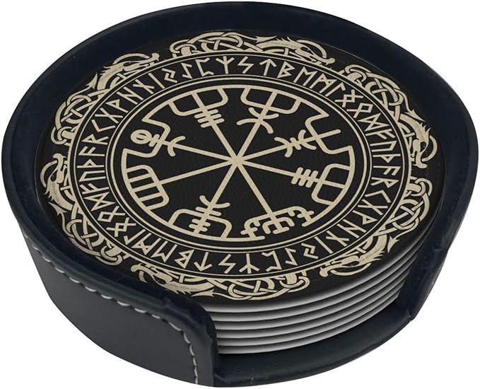 Black Viking Leather Drinks Coasters with Holder, Set of 6, Suitable for Various Cups