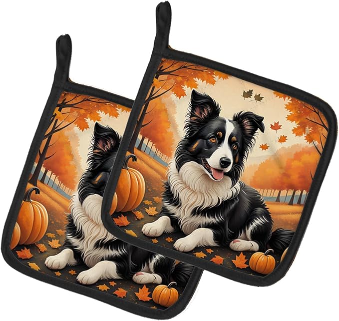 Caroline's Treasures DAC1022PTHD Border Collie Fall Pair of Pot Holders Kitchen Heat Resistant Pot Holders Sets Oven Hot Pads for Cooking Baking BBQ, 7 1/2 x 7 1/2