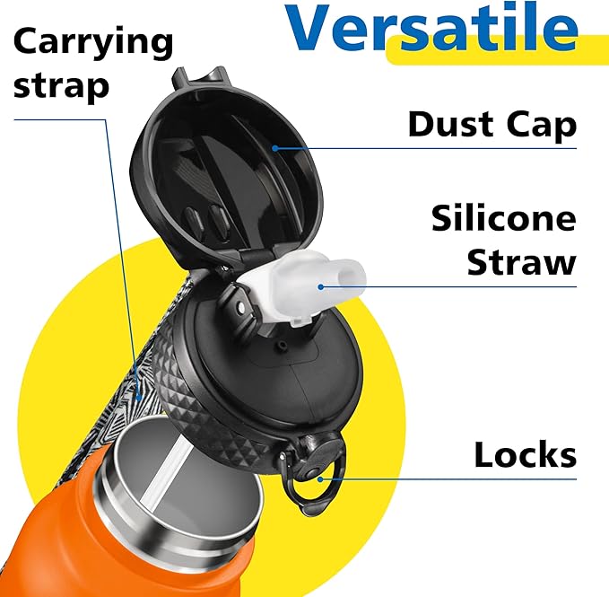 Han's Bottle Sports Water Bottle - 24 Oz, Straw Lid, Leak Proof, Vacuum Insulated Stainless Steel, Double Walled, Thermo Mug,Fire