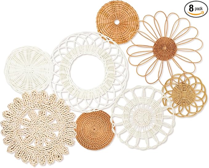 Boho Wall Basket Decor Set of 8,Rattan Flower Wall Decor,Flat Woven Baskets Wall Hanging Decor,Unique Boho Wicker Seagrass Wall Decor(Rattan Classic)