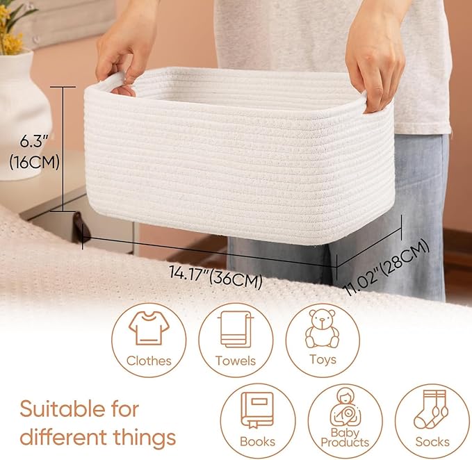OIASKET 4 Pack Small Storage Shelf Baskets for Organizing, Mini Woven Rope Storage Bins for Towels, Cute Decorative Closet Organizer，Baby Nursery, Gift Empty Baskets -14.17''Lx11.02''Wx6.3''H-White