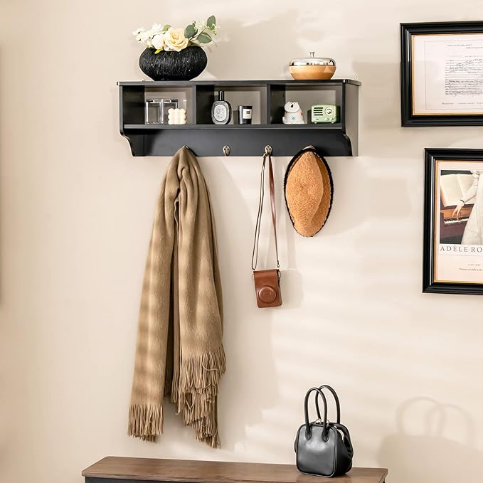 Casart Hanging Shelf Wall Mounted Storage Cabinets W/Hooks for Bedroom, Living Room and Entryway (Black)