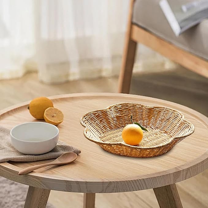 Wicker Round Basket, Scalloped Serving Wicker Basket, Household Food Display Tray Shell-Curved Scalloped Woven Tray, Seagrass Rattan Tray For Coffee Table Organizing