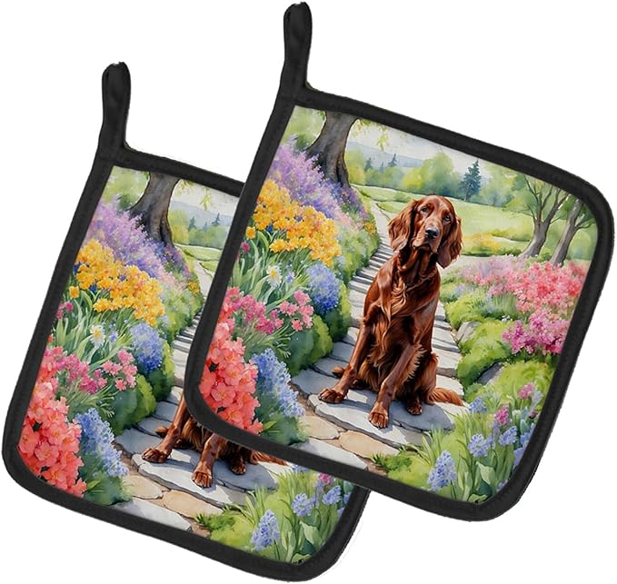 Caroline's Treasures Irish Setter Spring Path Pair of Pot Holders Kitchen Heat Resistant Pot Holders Sets Oven Hot Pads for Cooking Baking BBQ, 7 1/2 x 7 1/2