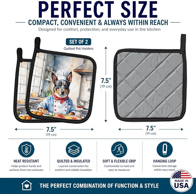 Caroline's Treasures Australian Cattle Dog The Chef Pair of Pot Holders Kitchen Heat Resistant Pot Holders Sets Oven Hot Pads for Cooking Baking BBQ, 7 1/2 x 7 1/2