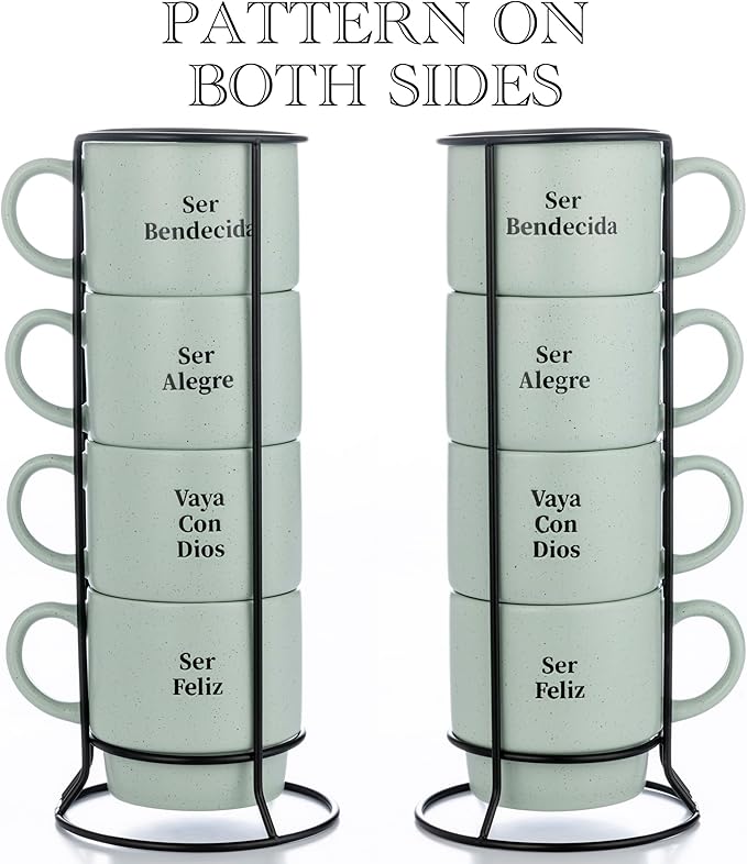 Signature Housewares Stackable Coffee Mug Tower Set with Metal Wire Rack - 15 Ounce Coffee Mugs for Coffee, Tea, Cocoa, Milk, Cappuccino, Hot Chocolate Set of 4 - Spanish Bendecida Blessed
