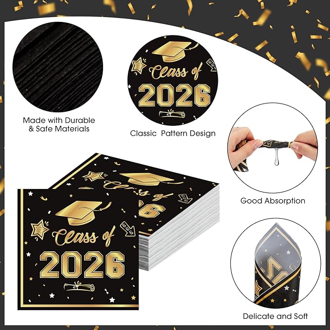50 Pcs Graduation Napkins Decorations - Black Gold Class of 2026 Congrats GRAD 3-Ply Paper Cocktail Dinner Napkins Set for 2026 Graduation Party Supplies Table Decor Favors, 6.5 x 6.5 Inch