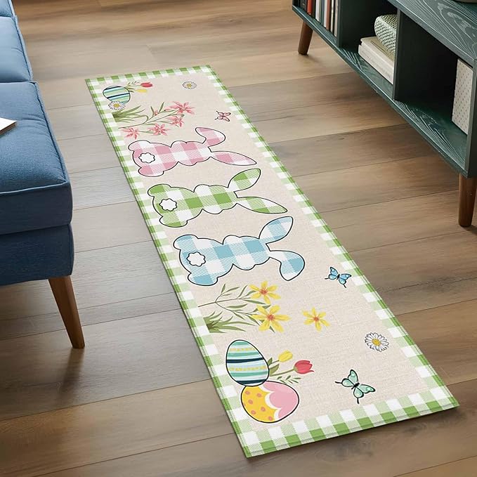 Runner Rug for Bedroom Hallway, Happy Easter Bunny Shadow Flowers Kitchen Runner Rugs Area Rug 2x6ft, Retro Linen Cotton and Grid Washable Soft Floor Carpet for Entryway Stair