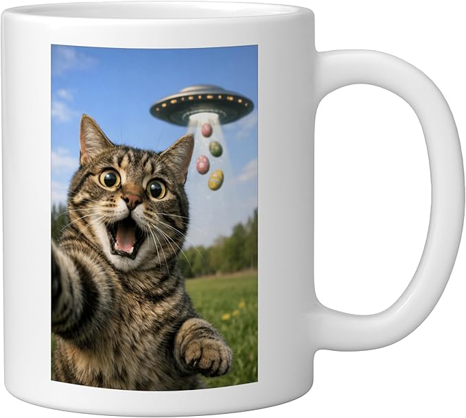 Funny Cat Selfie with Easter Eggs UFO for Men Women Kids Ceramic Mug, White