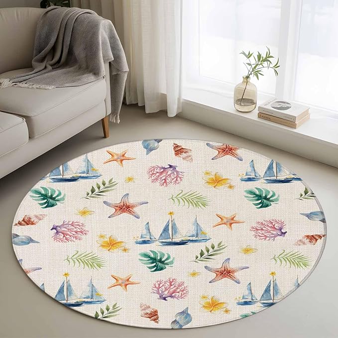 Washable Round Area Rug Summer Sea Starfish Sailboat Circle Rugs Floor Carpet for Living Room Bedroom, Marine Life Coral on Linen Soft Non Slip Round Rug 3ft
