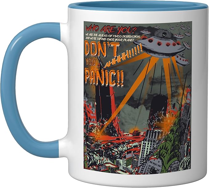 UFO Flying Saucer Invasion 1950s Sience Fiction Abduction Ceramic Mug, Blue/White