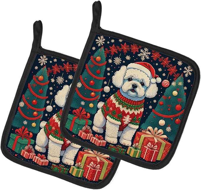 Caroline's Treasures Bichon Frise Christmas Pair of Pot Holders Kitchen Heat Resistant Pot Holders Sets Oven Hot Pads for Cooking Baking BBQ, 7 1/2 x 7 1/2