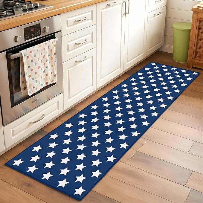 Runner Rug for Bedroom Hallway, 4th of July White Star on Navy Blue Kitchen Runner Rugs Area Rug 2x6ft, Independence Freedom Liberty Washable Soft Floor Carpet for Entryway Stair
