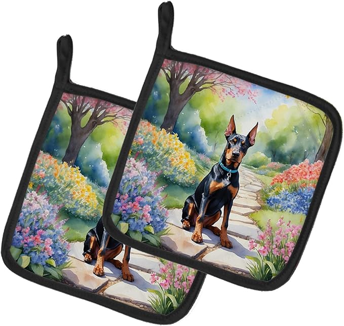 Caroline's Treasures Doberman Pinscher Spring Path Pair of Pot Holders Kitchen Heat Resistant Pot Holders Sets Oven Hot Pads for Cooking Baking BBQ, 7 1/2 x 7 1/2