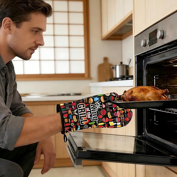 LEVLO Funny BBQ Grill Oven Mitts Grilling Master BBQ Gifts King of The Grill Baking Gloves BBQ Grill Lover Gift (King Grill)