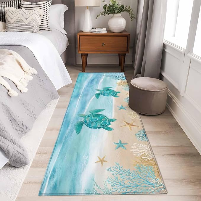 Runner Rug for Bedroom Hallway, Sea Turtle Starfish Coral Kitchen Runner Rugs Area Rug 2x6ft, Summer Seaside Ocean Life Washable Soft Floor Carpet for Entryway Stair