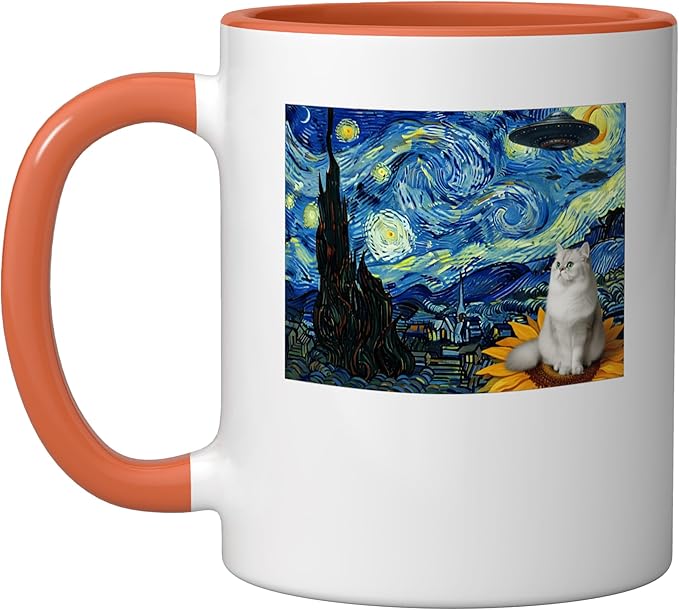 Cosmic Cat on Sunflower Space UFO Night for Men Women Ceramic Mug, Orange/White