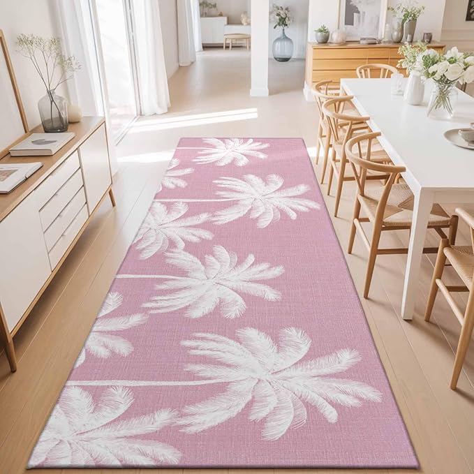 Runner Rug for Bedroom Hallway, Boho Pink Palm Trees Vintage Kitchen Runner Rugs Area Rug 2x6ft, Summer Tropical Leaves Washable Soft Floor Carpet for Entryway Stair