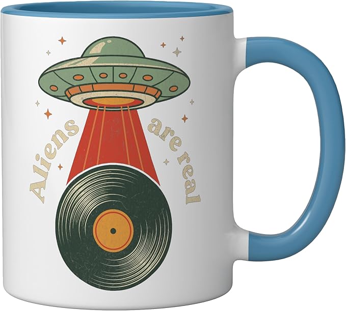 Vintage UFO Abduction Vinyl Record Player Retro Music Lover Ceramic Mug, Blue/White