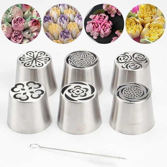 Extra Large Russian Piping Tip Set - 6 Stainless Steel Marshmallow Buttercream Framing Nozzles for 3D Roses Tulip Cake Decorations and Marshmallow Bouquets, Includes 1 Cleaning Brush(6E)