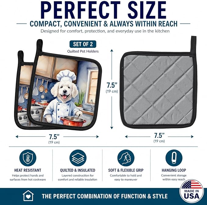 Caroline's Treasures Kuvasz The Chef Pair of Pot Holders Kitchen Heat Resistant Pot Holders Sets Oven Hot Pads for Cooking Baking BBQ, 7 1/2 x 7 1/2
