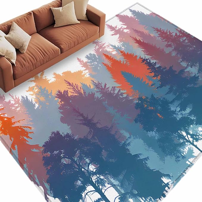 Area Rug 6x9ft, Abstract Trees Forest Silhouette Washable Rugs for Living Room Bedroom, Natural Scene Plants Soft Non-Slip Area Rugs Rectangle Floor Carpet for Dining Room