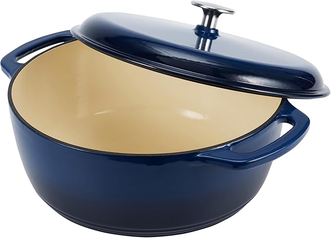 Amazon Basics Enameled Cast Iron Dutch Oven Pot with Lid, Dual Handles, Heavy-Duty, Oven Safe for Stews, Roasting, Baking, 6-Quart, Navy