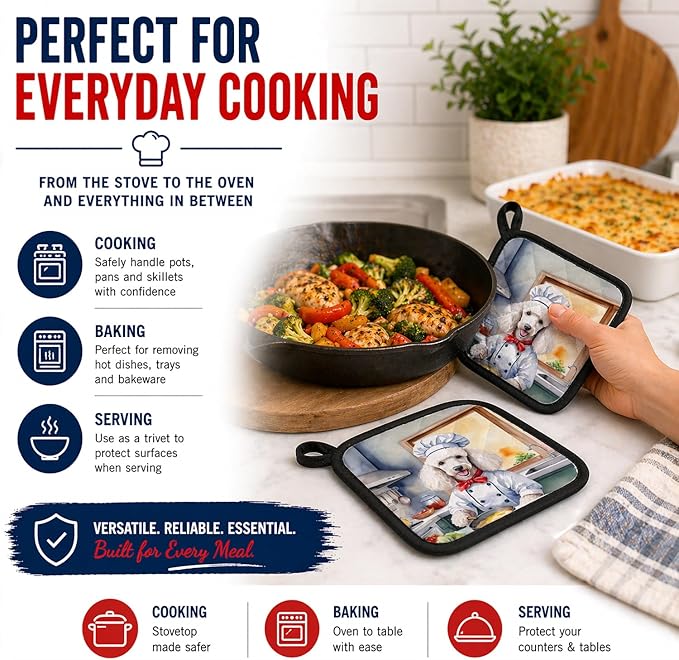 Caroline's Treasures White Poodle The Chef Pair of Pot Holders Kitchen Heat Resistant Pot Holders Sets Oven Hot Pads for Cooking Baking BBQ, 7 1/2 x 7 1/2
