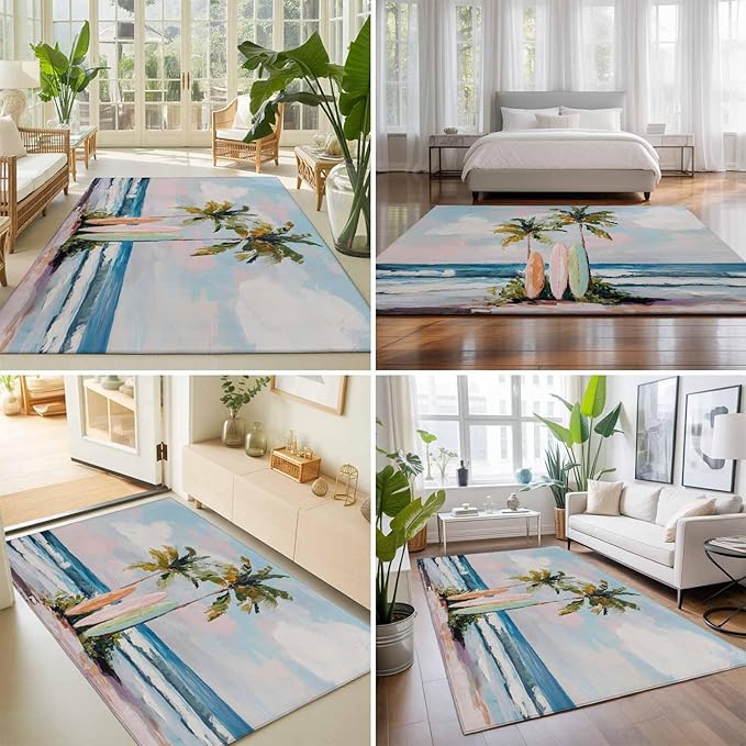 Area Rug 8x10ft, Summer Blue Ocean Surfboard Washable Rugs for Living Room Bedroom, Tropical Plant Palm Tree Soft Non-Slip Area Rugs Rectangle Floor Carpet for Dining Room