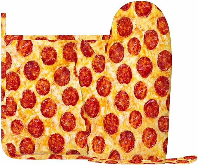 Mxocom Pepperoni Pizza Heat-Resistant Oven Mitts and Pot Holder a Seamless Food Texture Kitchen Non-Slip Cooking Microwave Gloves for Cooking Baking Grilling