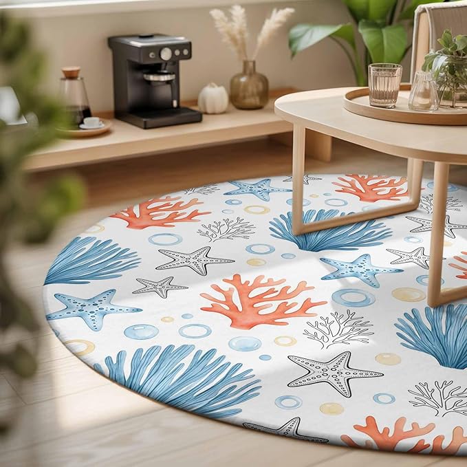 Washable Round Area Rug Coastal Starfish Shell Coral Circle Rugs Floor Carpet for Living Room Bedroom, Ocean Bubble Blue Black Orange Soft Non Slip Round Rug 3ft