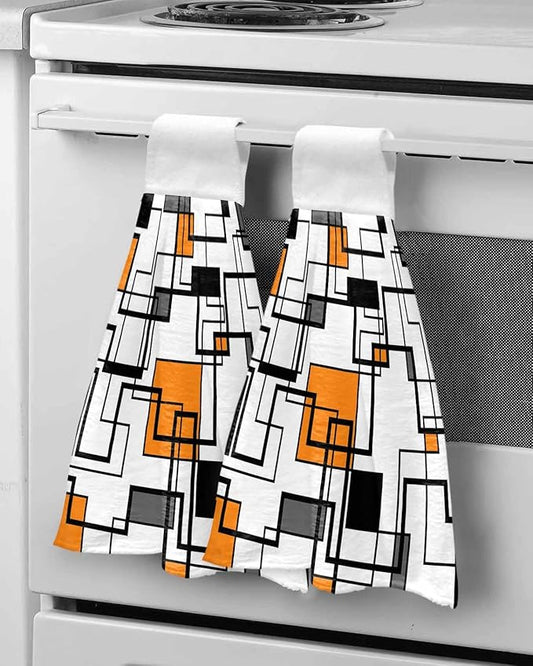 Alandar Home Kitchen Tie Towel Set of 2, Orange Black Geometric Lines Art Absorbent Soft Hand Towels for Bathroom Hanging Towels, Abstract Color Block Fast Drying Cleaning Cloth with Loop