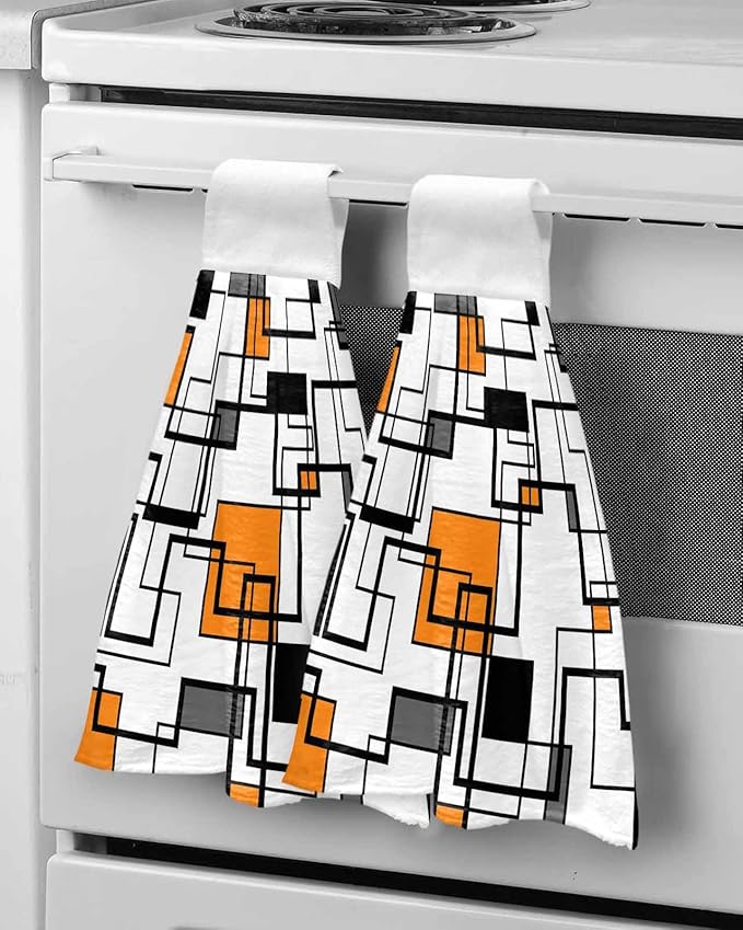 Alandar Home Kitchen Tie Towel Set of 1, Orange Black Geometric Lines Art Absorbent Soft Hand Towels for Bathroom Hanging Towels, Abstract Color Block Fast Drying Cleaning Cloth with Loop