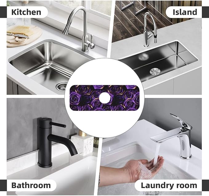 Purple Roses Kitchen Sink Splash Guard Faucet Mat Absorbent Faucet Draining Pad with Hole for Kitchen Bathroom 15" X 5.5"