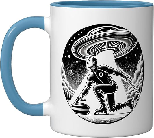 Curling Curl Curler Sport Men Guys Male Ice Outer Space Ceramic Mug, Blue/White