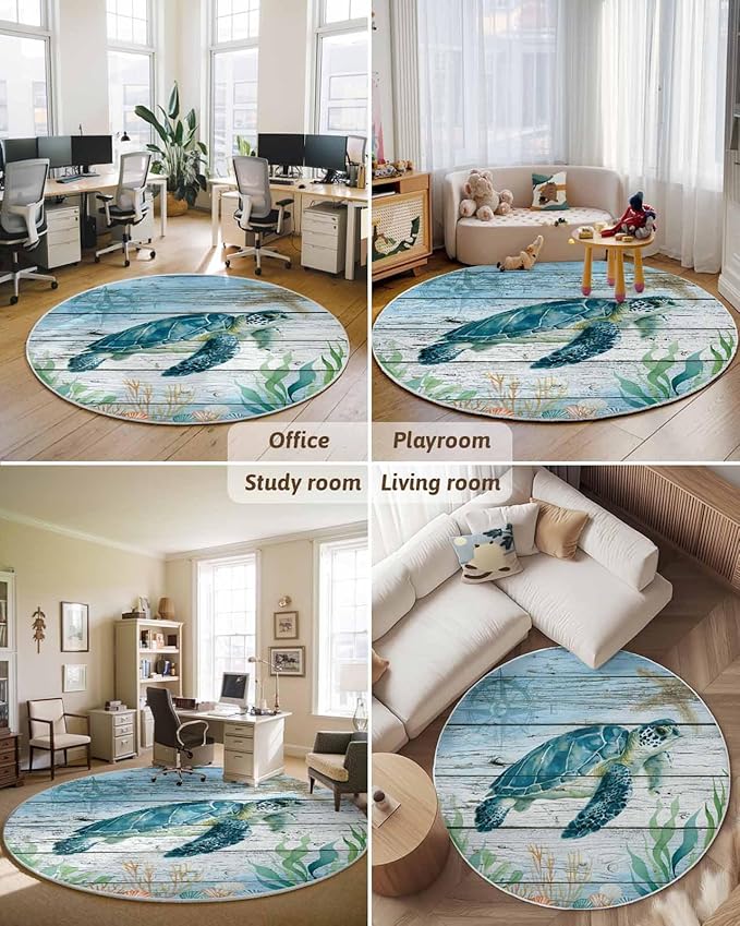 Round Area Rug,Sea Turtle Seagrass Starfish Circle Living Room Rug Non-Slip Rugs Indoor Carpet,Nautical Compass Blue Gradient Soft Comfort Rugs for Bedroom KidsRoom Nursery