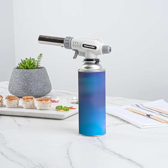 Restaurantware-RW Pyro Creme Brulee Torch With Adjustable Flame, 1 Refillable Culinary Blow Torch - Butane Gas Tank Not Included, No Flaring, White, For Baking, Cooking, BBQ, And More