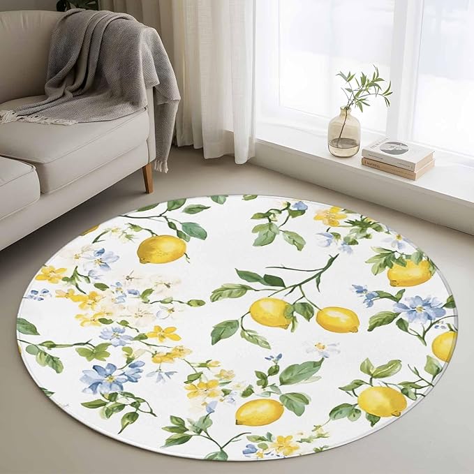 Washable Round Area Rug Summer Watercolor Lemon Flower Circle Rugs Floor Carpet for Living Room Bedroom, Spring Farm Fruit Green Leaf Soft Non Slip Round Rug 3ft