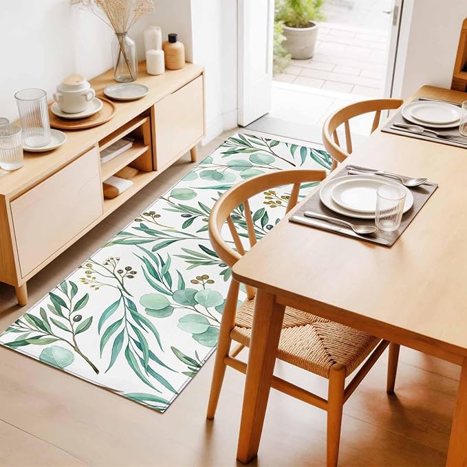 Runner Rug for Bedroom Hallway, Watercolor Eucalyptus Leaves Kitchen Runner Rugs Area Rug 2x6ft, Spring Green Foliage Branch Washable Soft Floor Carpet for Entryway Stair