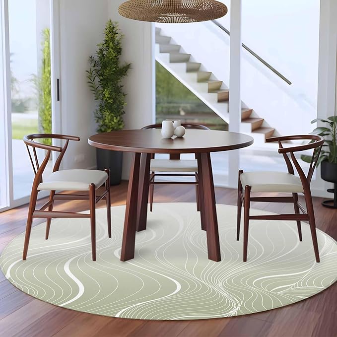 Washable Round Area Rug Sage Green Wavy Gradient Stripes Circle Rugs Floor Carpet for Living Room Bedroom, Geometric Abstract Art Soft Non Slip Round Rug 5ft