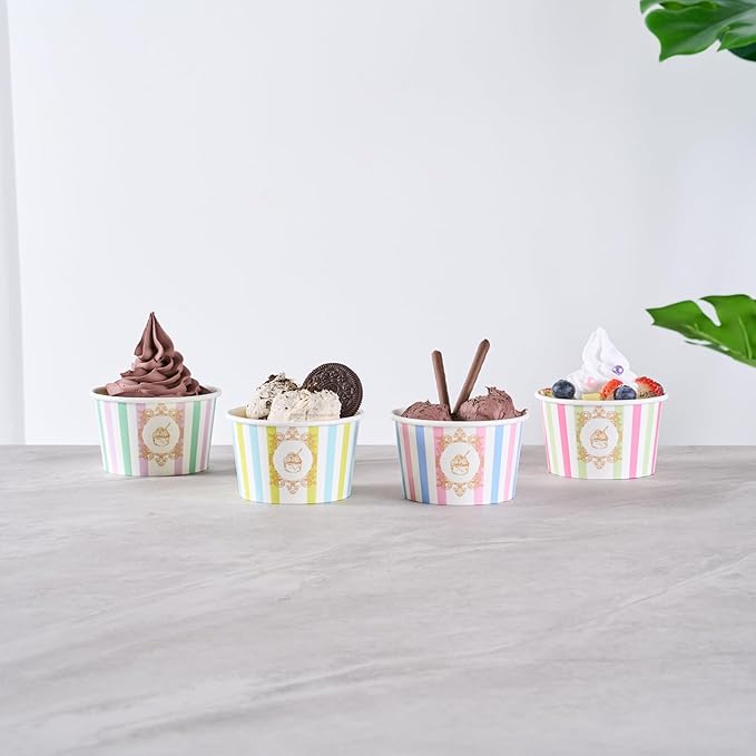 Restaurantware Paper Cups 200 Count 8 Ounce Square Disposable Ice Cream Containers, Leak-Resistant Paper Dessert To Go Cups, Hot And Cold Food, Durable Assorted Stripe Design