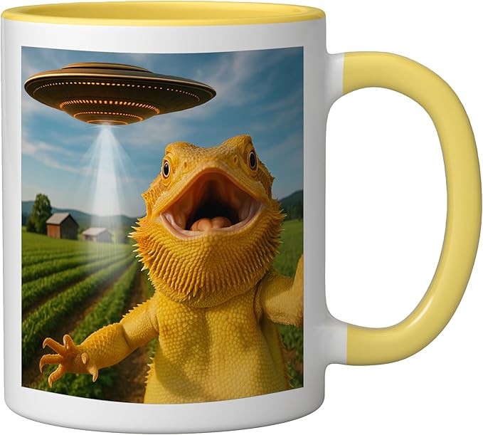 Funny Bearded Dragon Selfie with Alien UFO Ceramic Mug, Yellow/White
